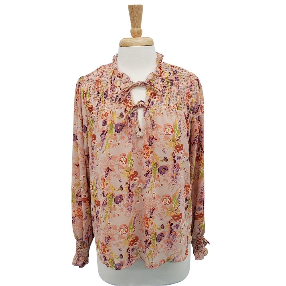 Ophelia Roe Romantic Floral Smocked Blouse Pink Tie Neck Long Sleeve Womens L